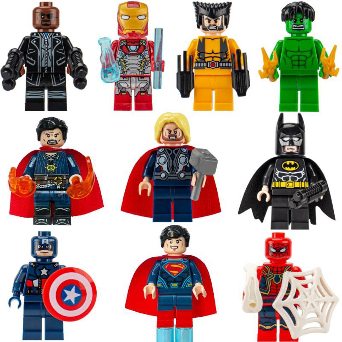 10 BONECOS VINGADORES LIGA DA JUSTIÇA MARVEL DC BATMAN SUPERMAN HOMEM DE FERRO HOMEM ARANHA THOR DR ESTRANHO