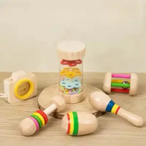 Chocalho Para Bebê Madeira Sensorial +5 Meses Kit 6pçs