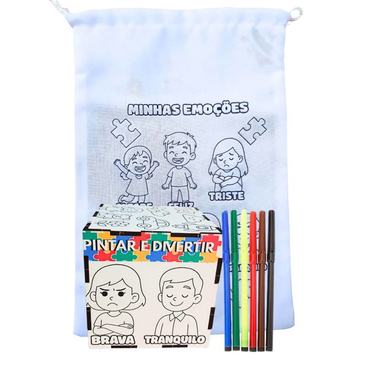 Cubo de MDF para pintar para Autistas com tema emoções com canetinhas