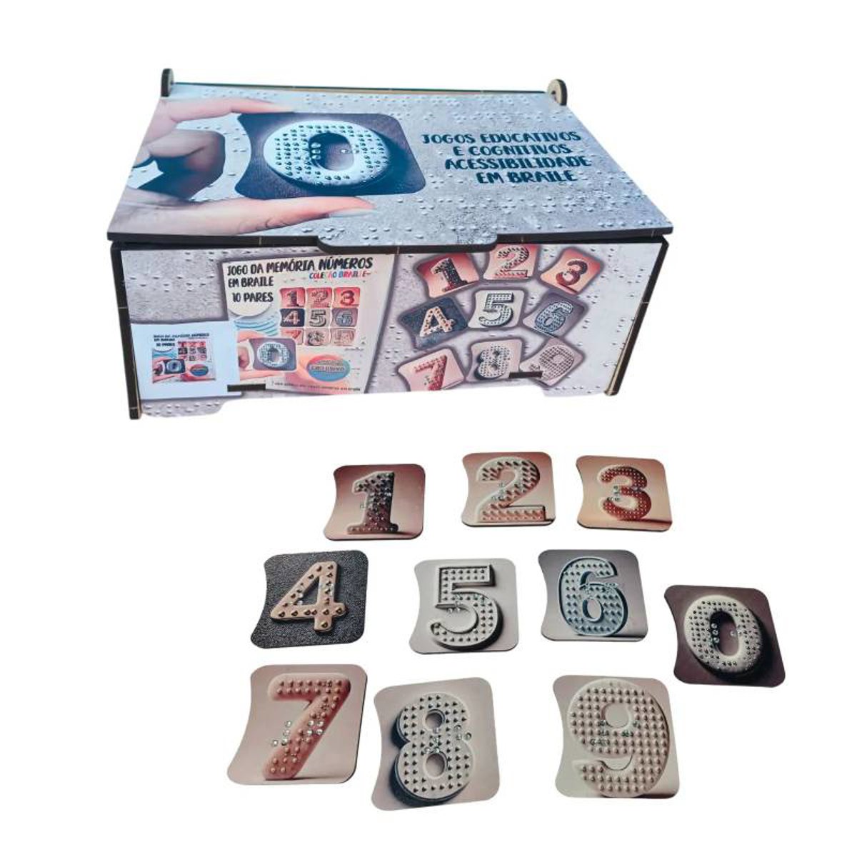 Estojo MDF com jogo aprendendo os numeros em Braile memória 10 pares