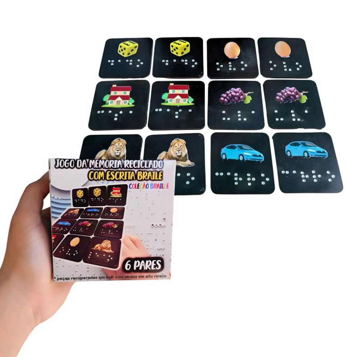 Jogo da Memória Acessível com Escrita em Braile Reciclado 6 pares