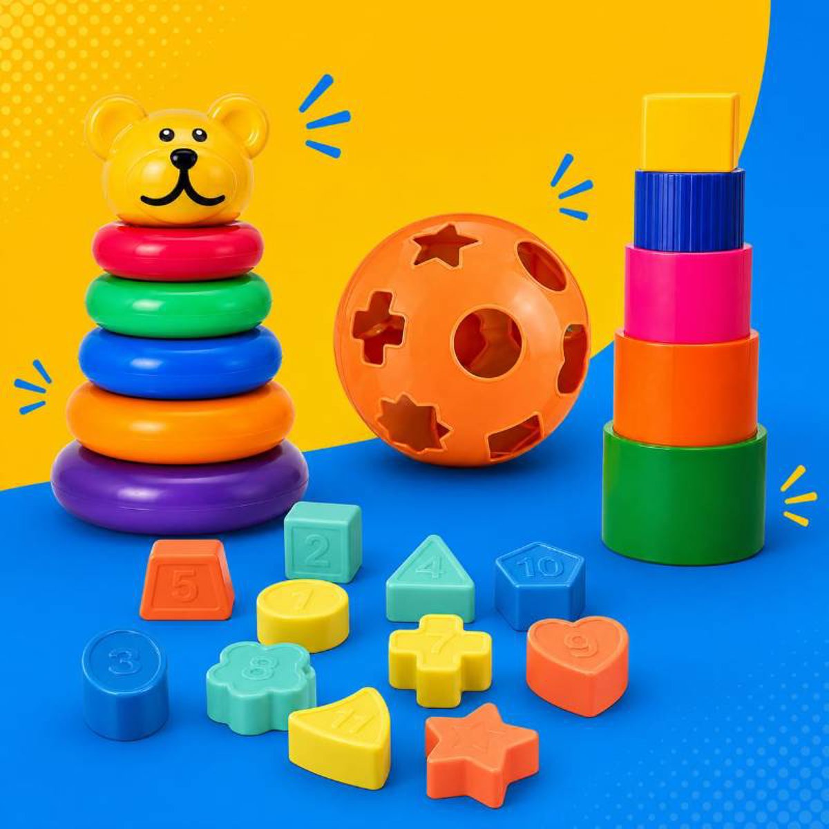Kit 3 Brinquedos Educativos | Encaixe - Argolas - Empilhar