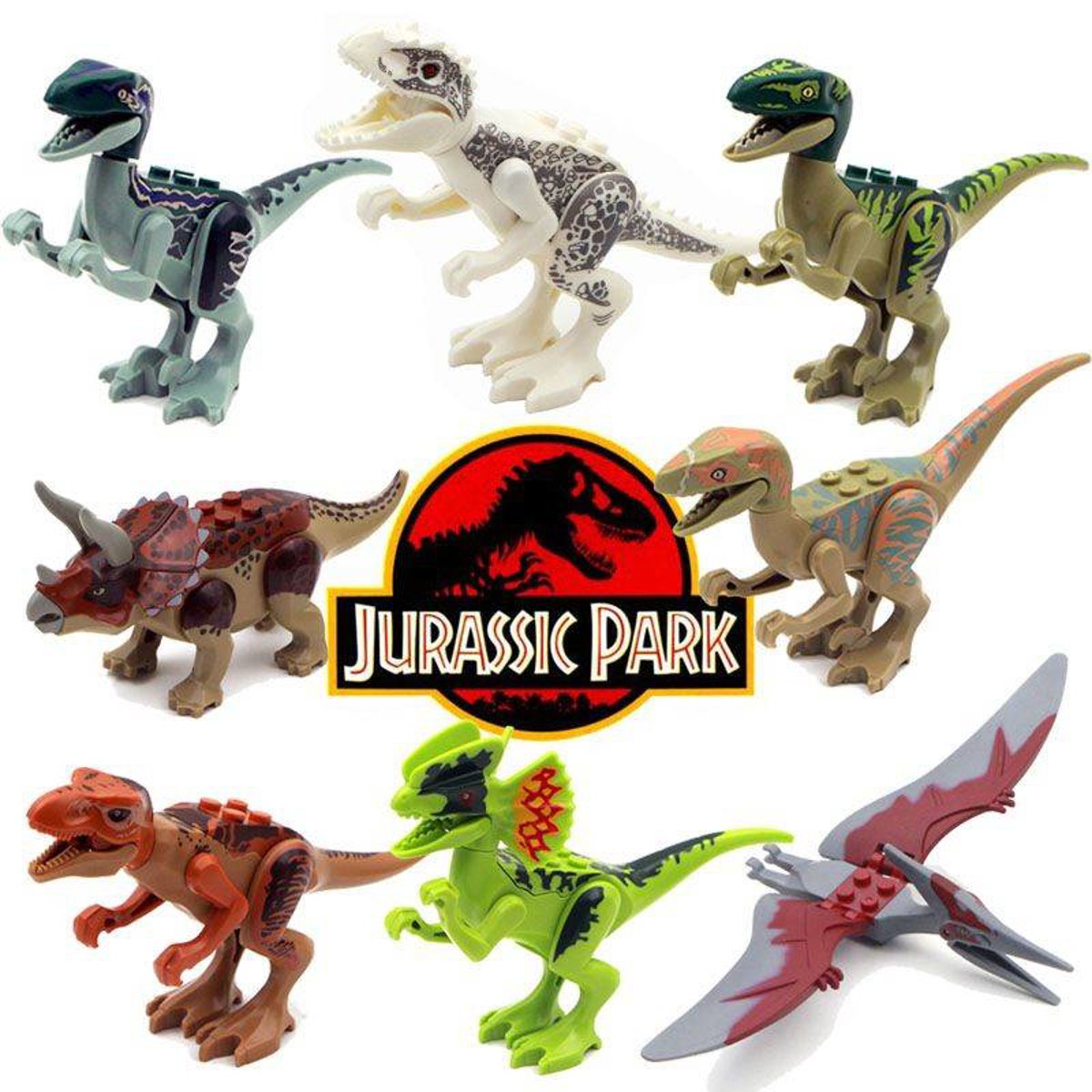 Kit 8 Peças Jurassic Park World Parque dos Dinossauros Indominus Rex T-rex Triceratops Velociraptor