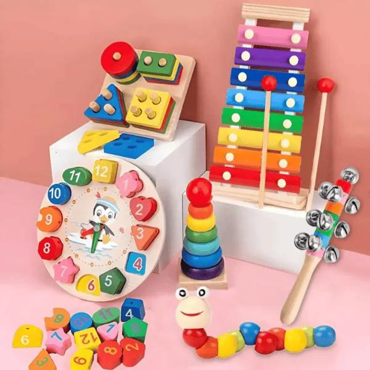 Kit 9 Brinquedos Pedagógicos Madeira Primeira Infância - Kit Montessori Infantil